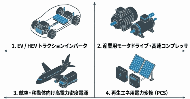 ソフトスイッチング技術の応用分野：EV/HEVトラクションインバータ、産業用モータドライブ・高速コンプレッサ、航空・移動体向け高電力密度電源、再生エネ用電力変換（PCS）
